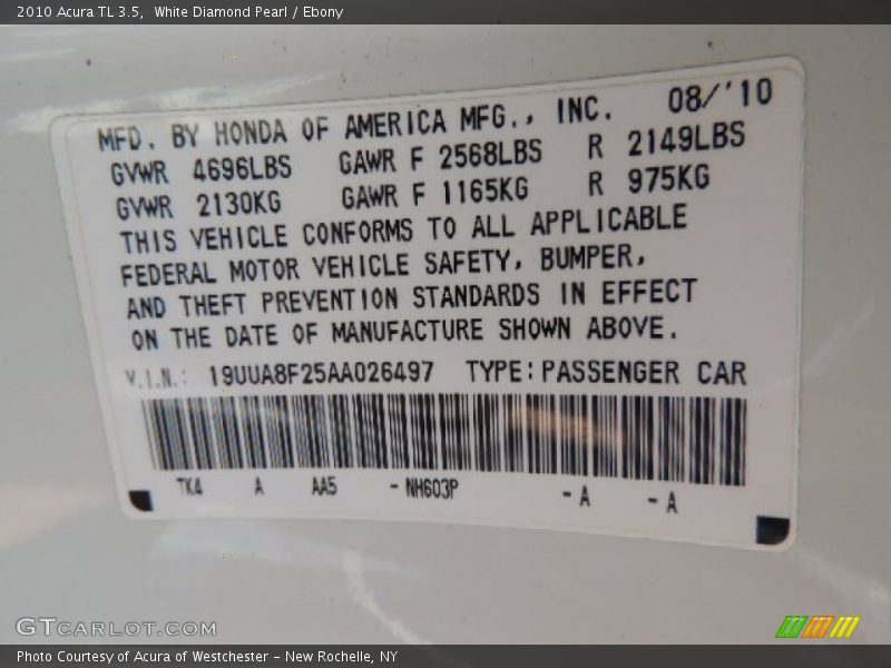 White Diamond Pearl / Ebony 2010 Acura TL 3.5