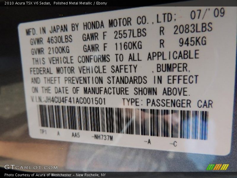 Polished Metal Metallic / Ebony 2010 Acura TSX V6 Sedan