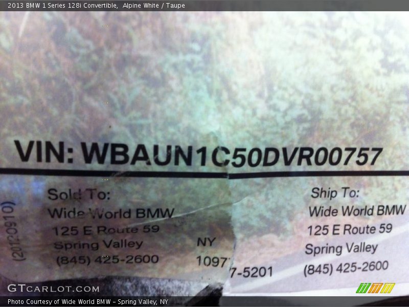 Alpine White / Taupe 2013 BMW 1 Series 128i Convertible
