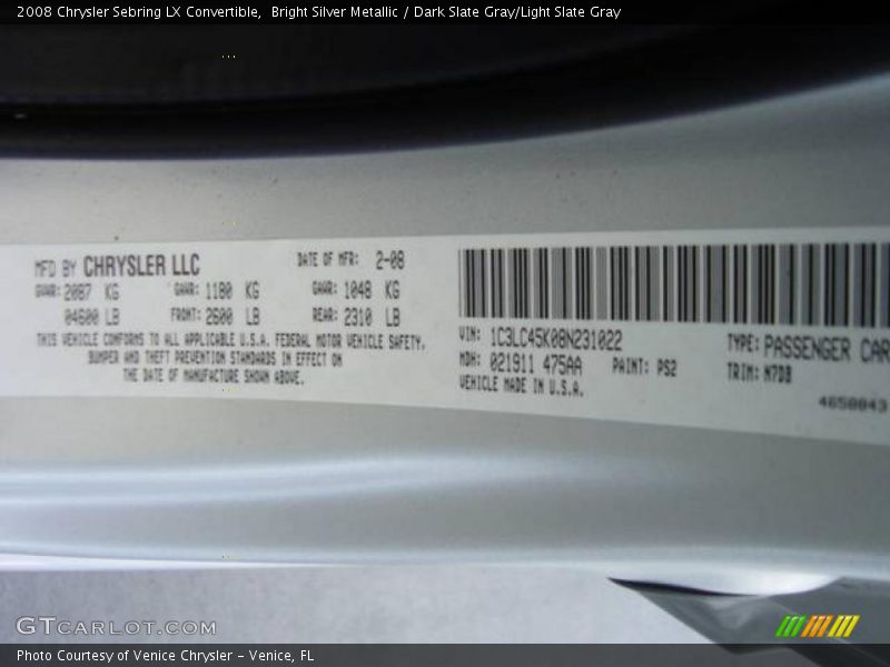 Bright Silver Metallic / Dark Slate Gray/Light Slate Gray 2008 Chrysler Sebring LX Convertible