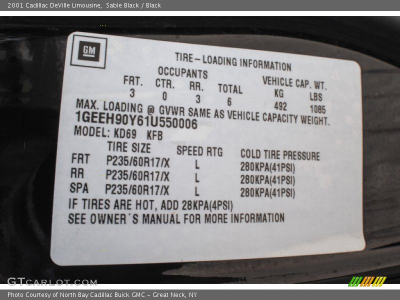 Info Tag of 2001 DeVille Limousine