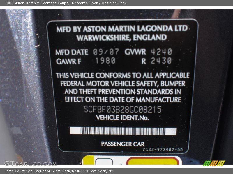 Meteorite Silver / Obsidian Black 2008 Aston Martin V8 Vantage Coupe