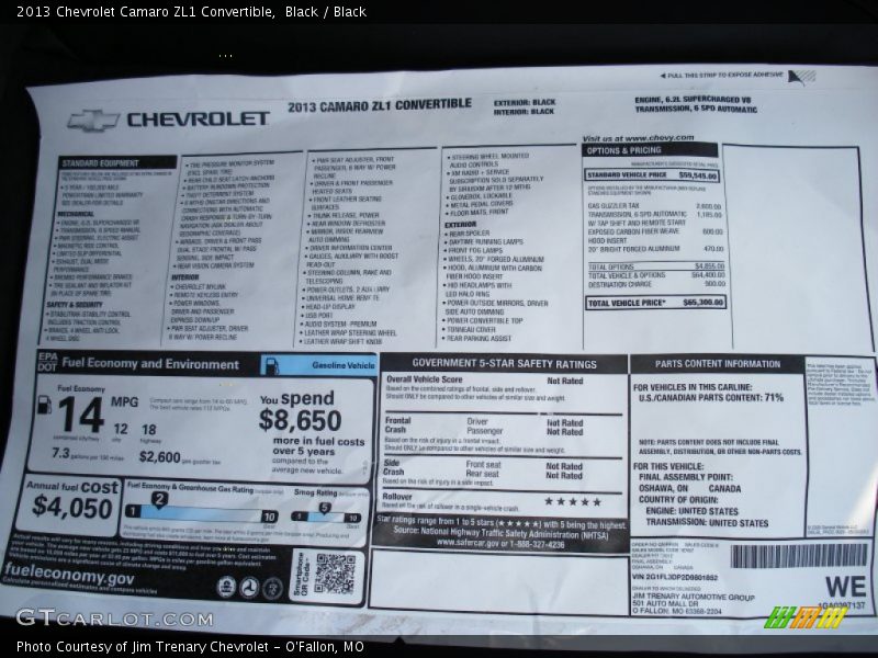  2013 Camaro ZL1 Convertible Window Sticker