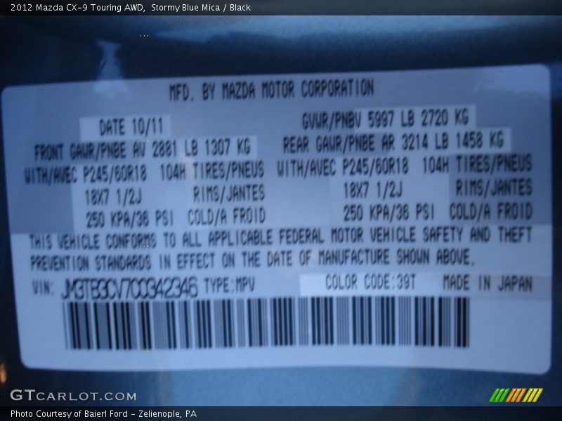Stormy Blue Mica / Black 2012 Mazda CX-9 Touring AWD