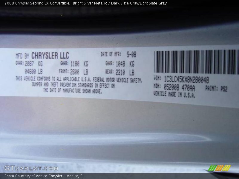 Bright Silver Metallic / Dark Slate Gray/Light Slate Gray 2008 Chrysler Sebring LX Convertible