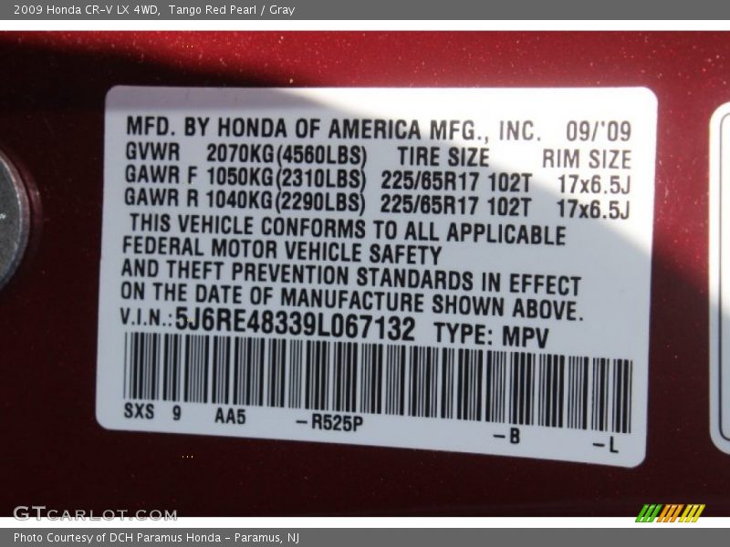 Tango Red Pearl / Gray 2009 Honda CR-V LX 4WD