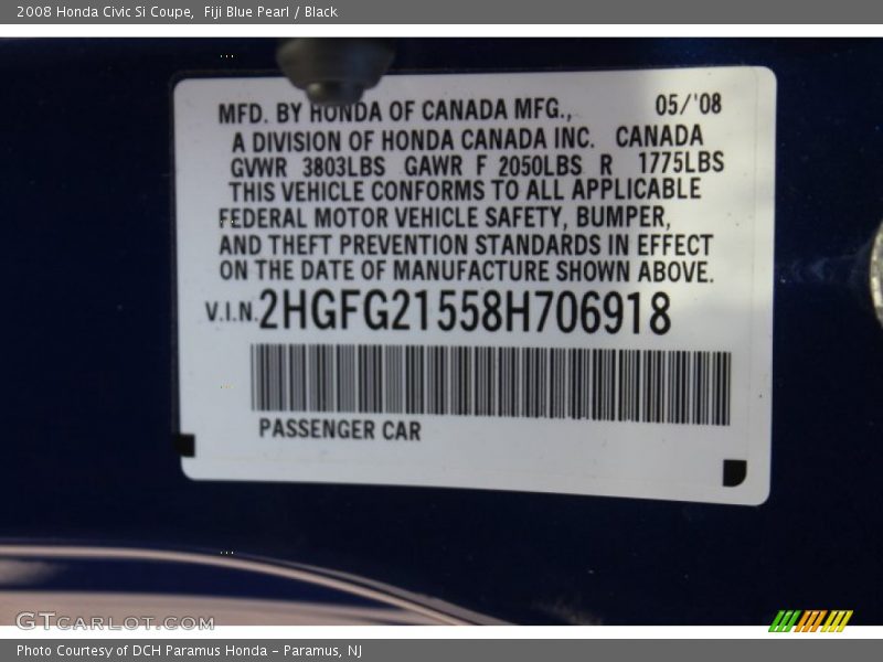 Fiji Blue Pearl / Black 2008 Honda Civic Si Coupe