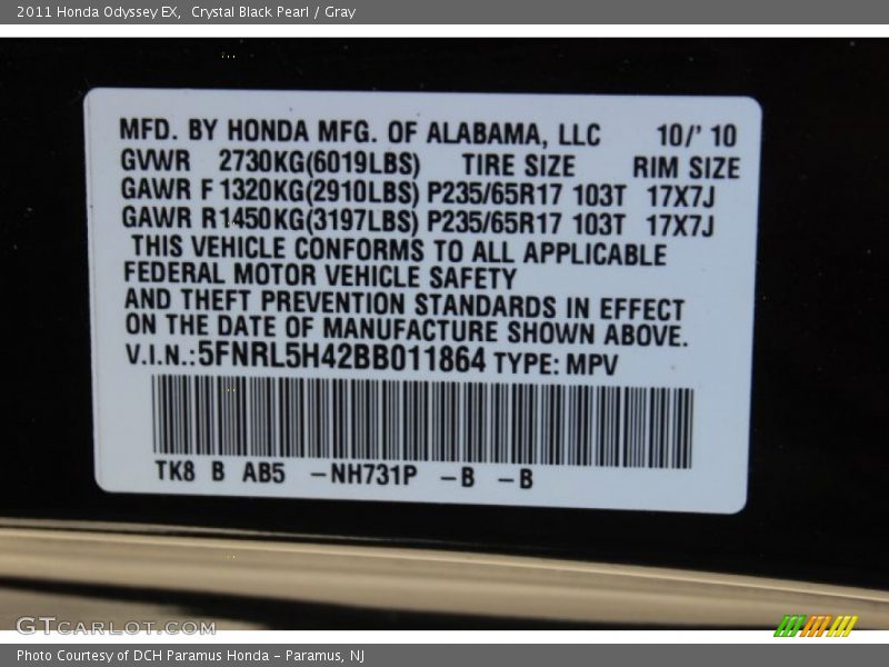 Crystal Black Pearl / Gray 2011 Honda Odyssey EX