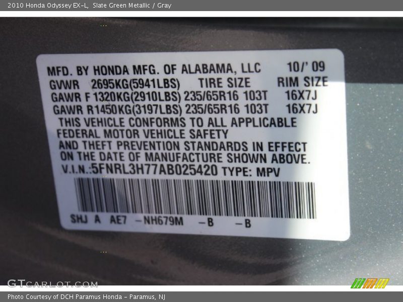 Slate Green Metallic / Gray 2010 Honda Odyssey EX-L