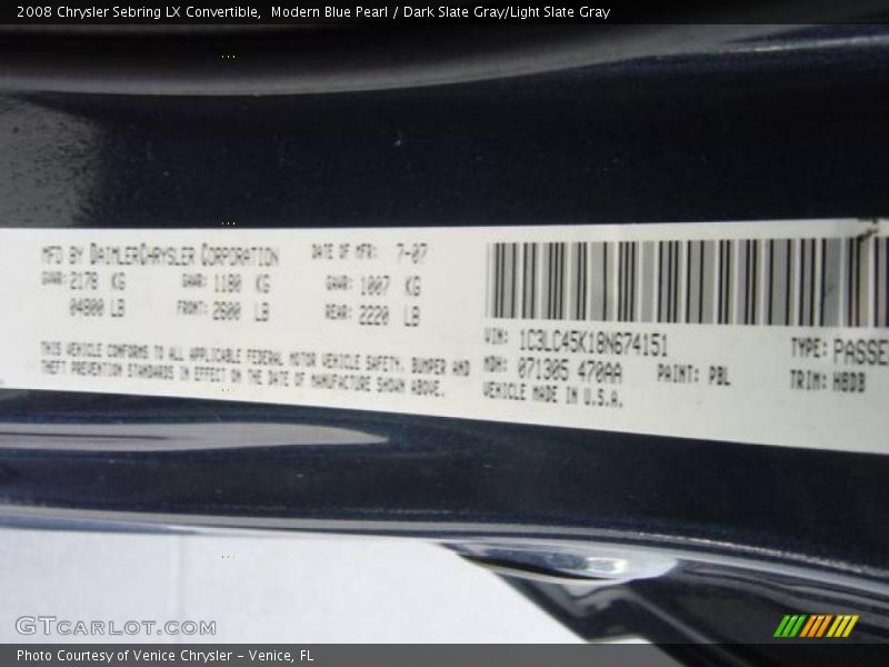 Modern Blue Pearl / Dark Slate Gray/Light Slate Gray 2008 Chrysler Sebring LX Convertible
