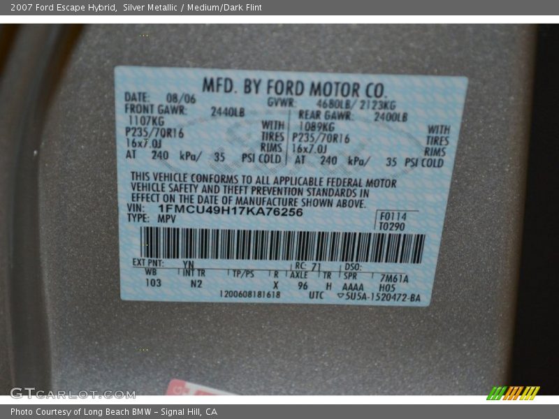 2007 Escape Hybrid Silver Metallic Color Code YN