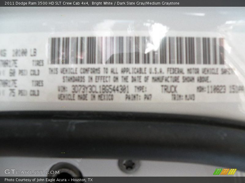 Bright White / Dark Slate Gray/Medium Graystone 2011 Dodge Ram 3500 HD SLT Crew Cab 4x4