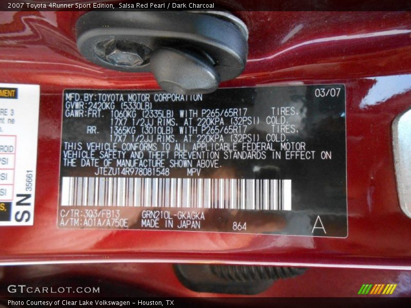 2007 4Runner Sport Edition Salsa Red Pearl Color Code 3Q3