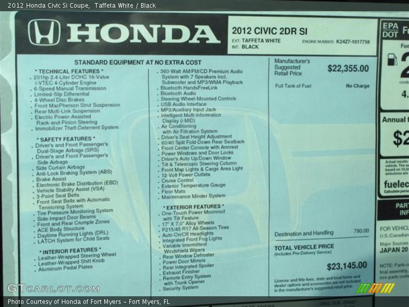 Taffeta White / Black 2012 Honda Civic Si Coupe