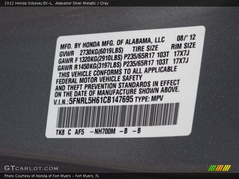 Alabaster Silver Metallic / Gray 2012 Honda Odyssey EX-L