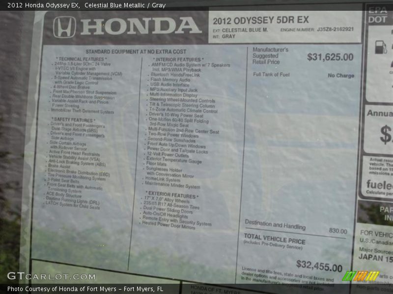 Celestial Blue Metallic / Gray 2012 Honda Odyssey EX