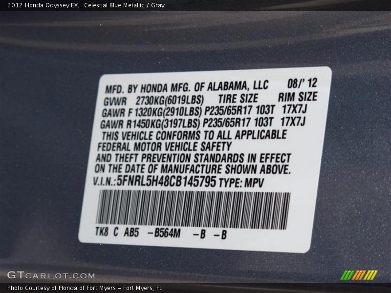 Celestial Blue Metallic / Gray 2012 Honda Odyssey EX