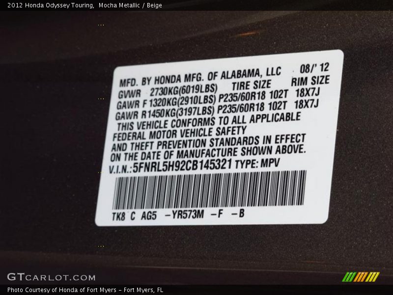 Mocha Metallic / Beige 2012 Honda Odyssey Touring