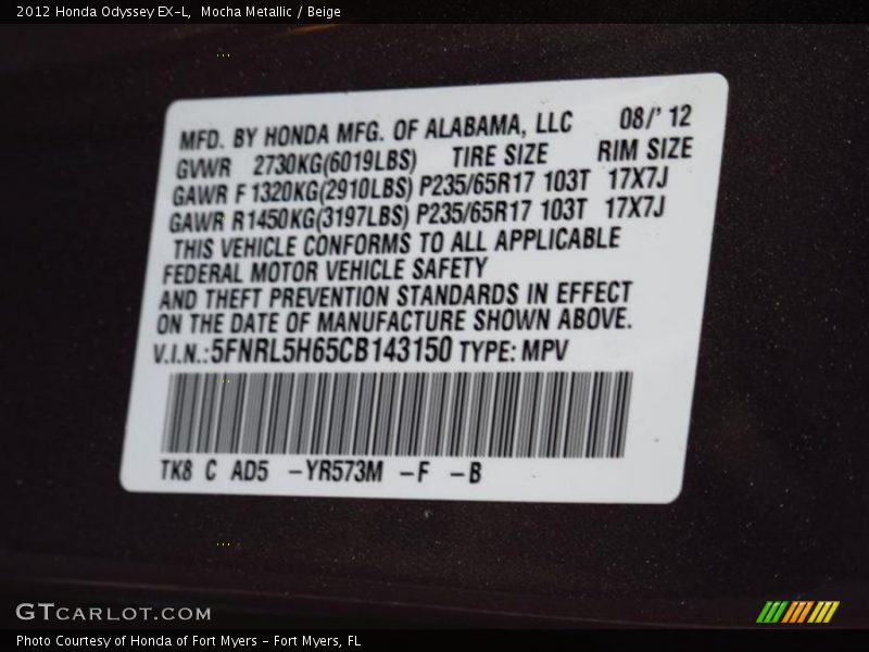 Mocha Metallic / Beige 2012 Honda Odyssey EX-L