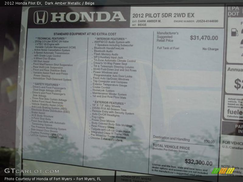 Dark Amber Metallic / Beige 2012 Honda Pilot EX