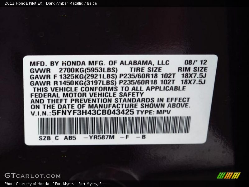 Dark Amber Metallic / Beige 2012 Honda Pilot EX