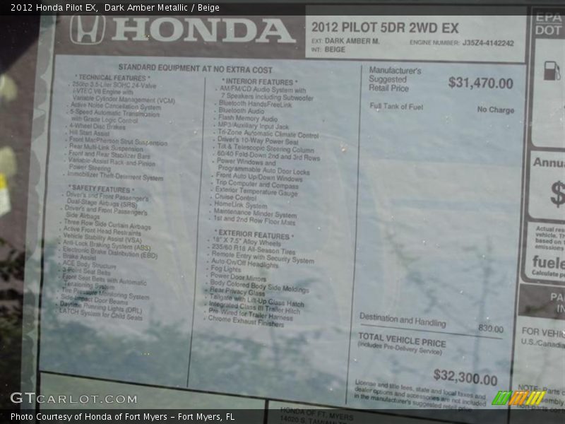 Dark Amber Metallic / Beige 2012 Honda Pilot EX