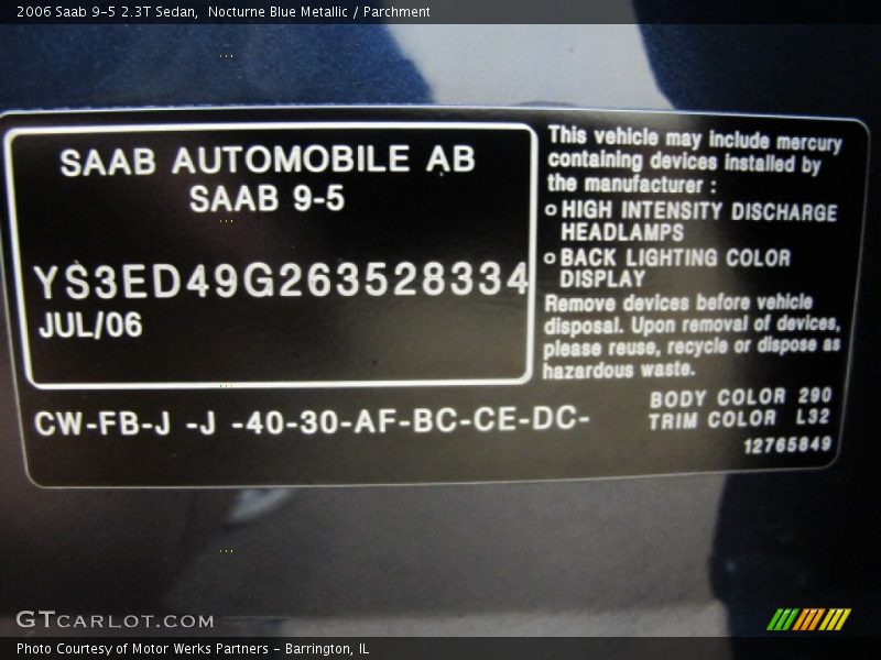 2006 9-5 2.3T Sedan Nocturne Blue Metallic Color Code 290