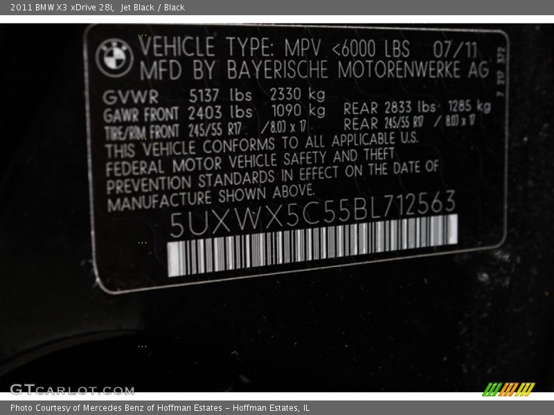 Jet Black / Black 2011 BMW X3 xDrive 28i