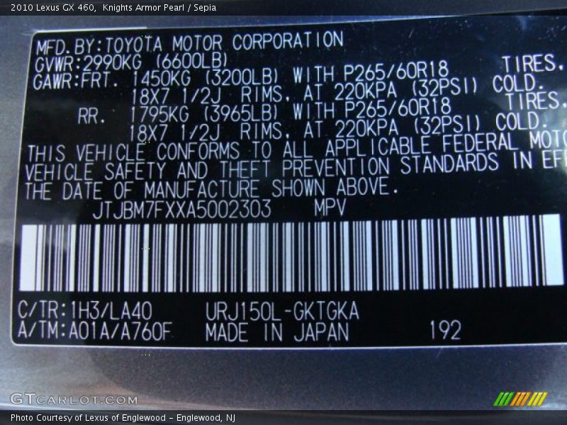 Knights Armor Pearl / Sepia 2010 Lexus GX 460