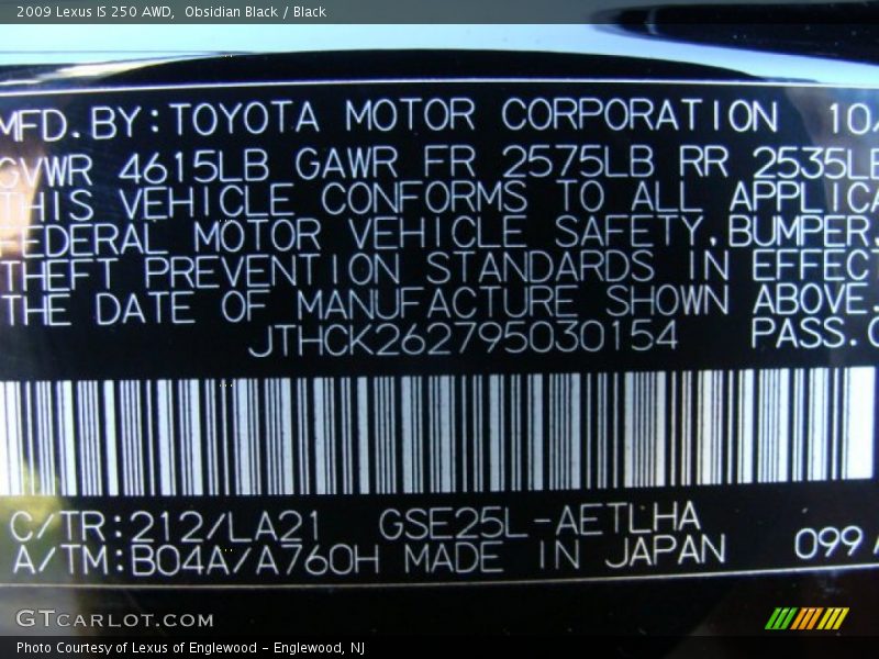 Obsidian Black / Black 2009 Lexus IS 250 AWD