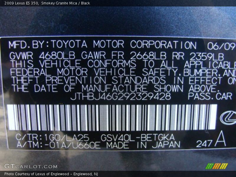 Smokey Granite Mica / Black 2009 Lexus ES 350