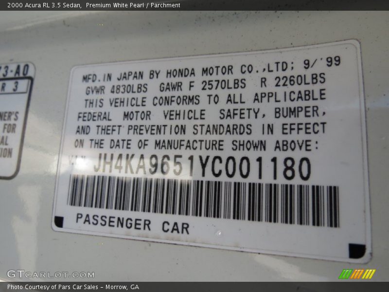 Premium White Pearl / Parchment 2000 Acura RL 3.5 Sedan