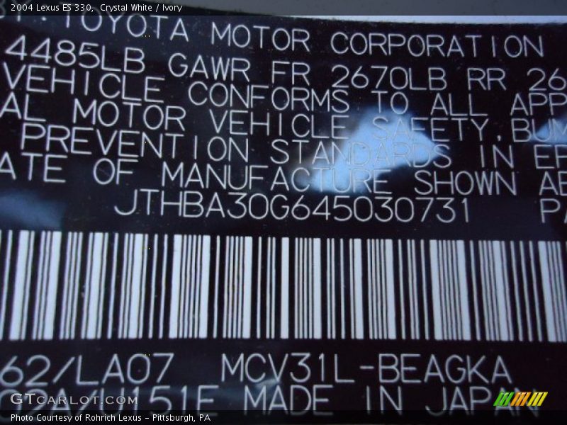 Crystal White / Ivory 2004 Lexus ES 330