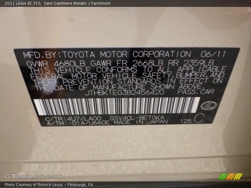 Satin Cashmere Metallic / Parchment 2011 Lexus ES 350