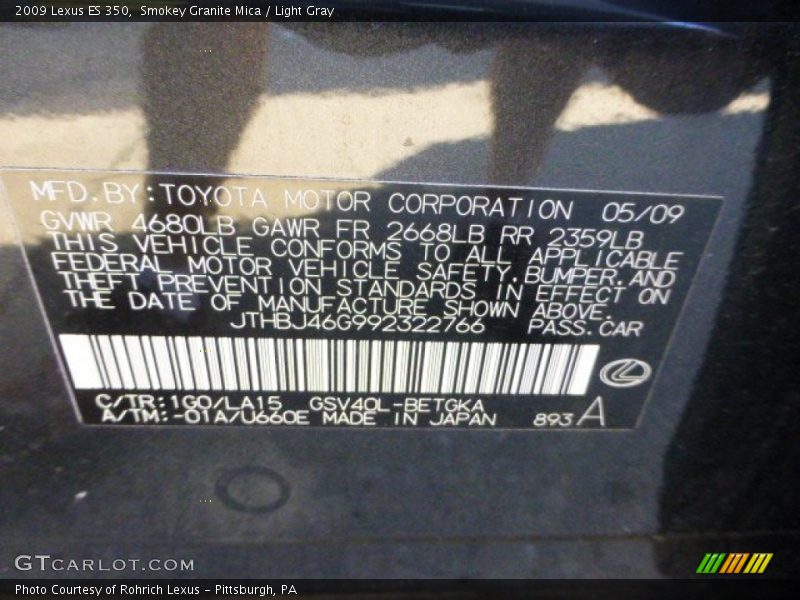 Smokey Granite Mica / Light Gray 2009 Lexus ES 350