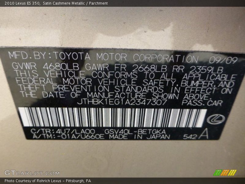 Satin Cashmere Metallic / Parchment 2010 Lexus ES 350