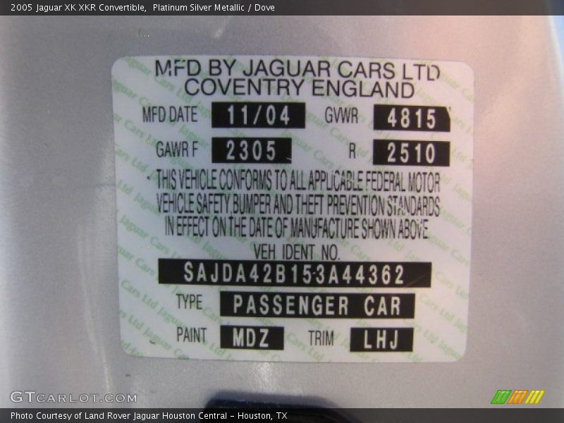 2005 XK XKR Convertible Platinum Silver Metallic Color Code MDZ