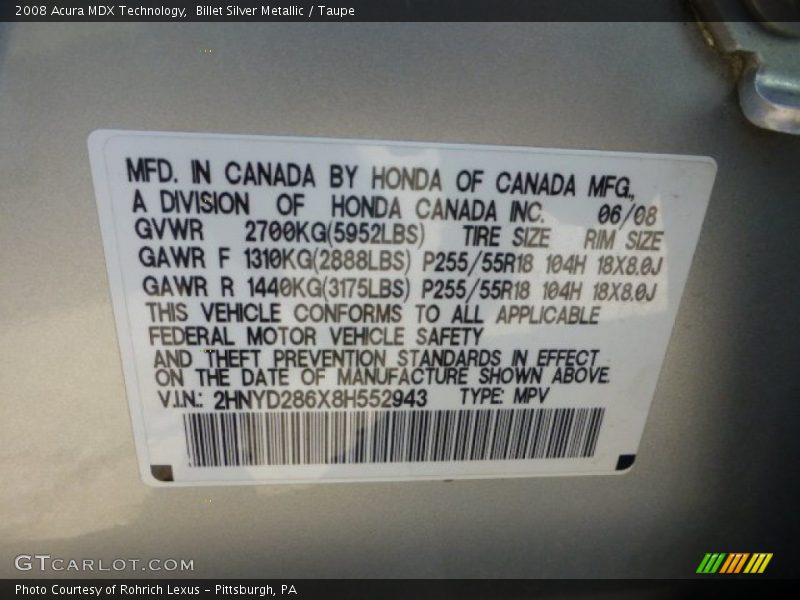 Billet Silver Metallic / Taupe 2008 Acura MDX Technology