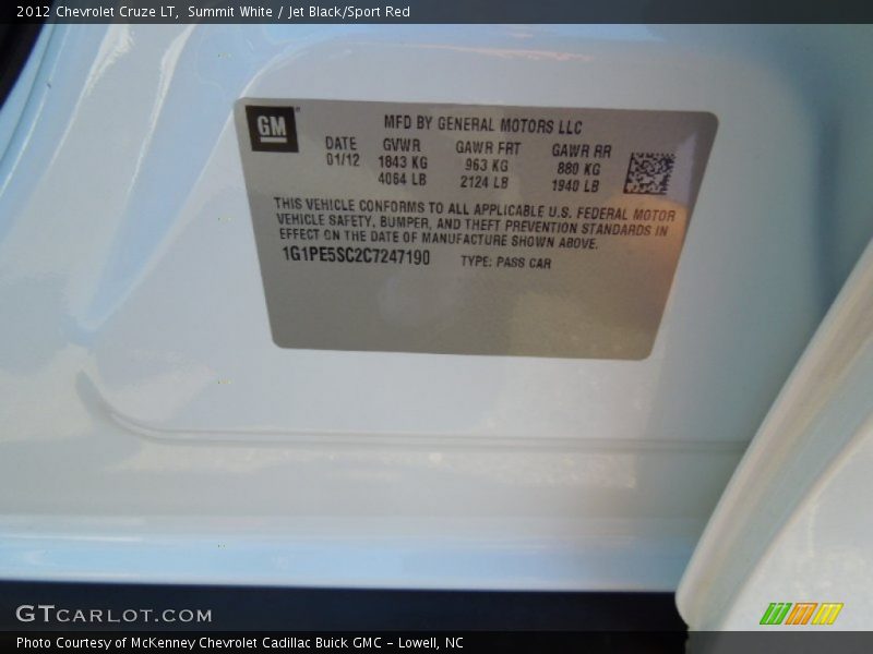 Summit White / Jet Black/Sport Red 2012 Chevrolet Cruze LT