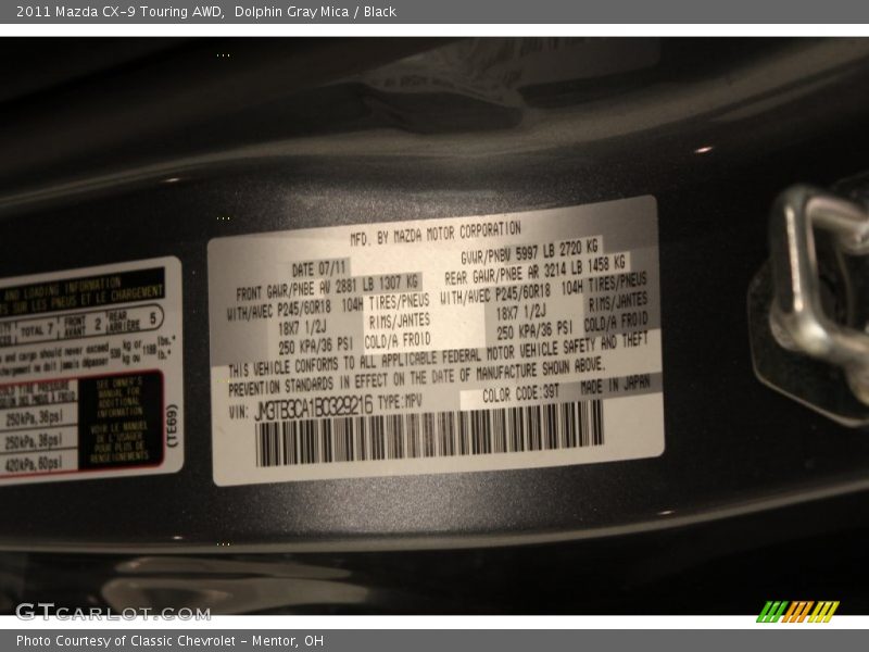 2011 CX-9 Touring AWD Dolphin Gray Mica Color Code 39T