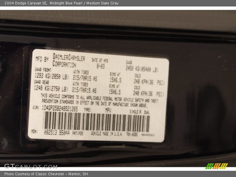 2004 Caravan SE Midnight Blue Pearl Color Code PB8