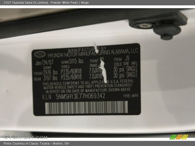 Powder White Pearl / Beige 2007 Hyundai Santa Fe Limited