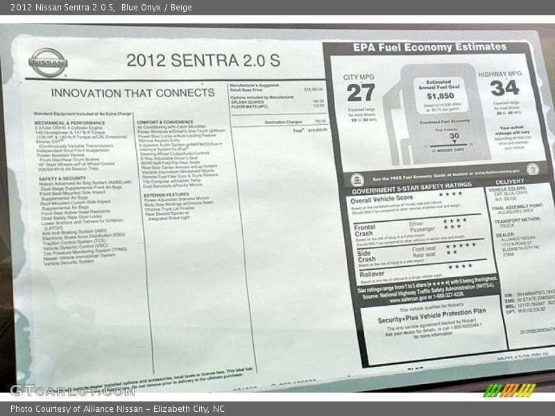  2012 Sentra 2.0 S Window Sticker