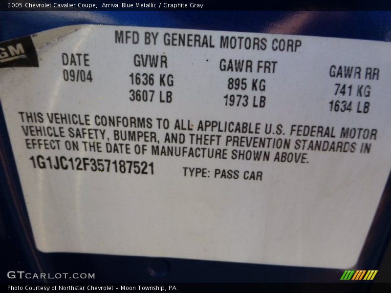 Arrival Blue Metallic / Graphite Gray 2005 Chevrolet Cavalier Coupe