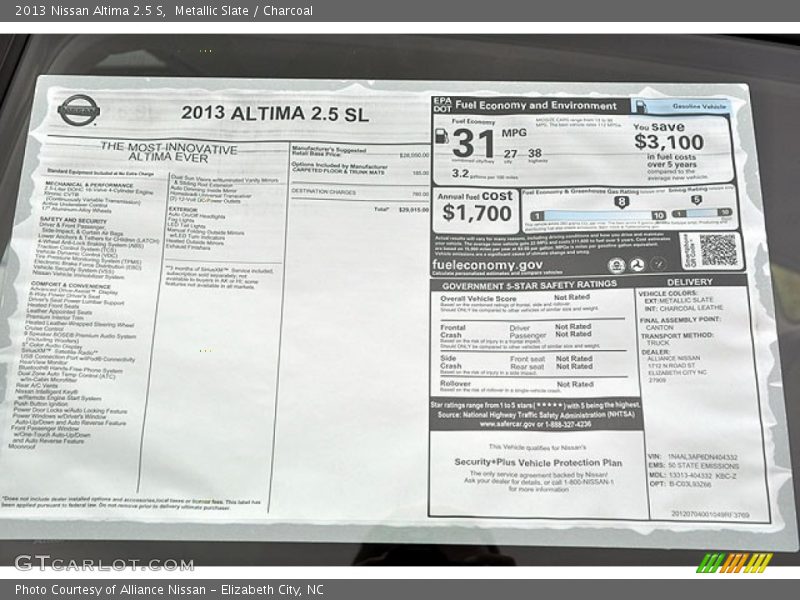  2013 Altima 2.5 S Window Sticker