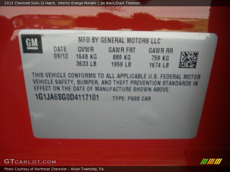Info Tag of 2013 Sonic LS Hatch