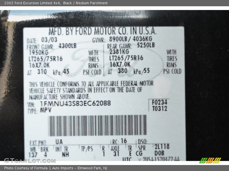 2003 Excursion Limited 4x4 Black Color Code UA