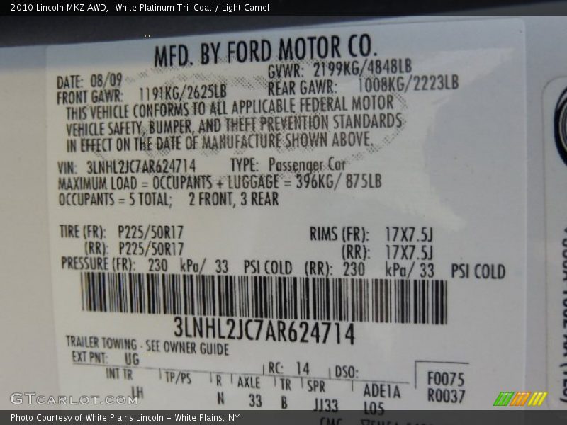 White Platinum Tri-Coat / Light Camel 2010 Lincoln MKZ AWD