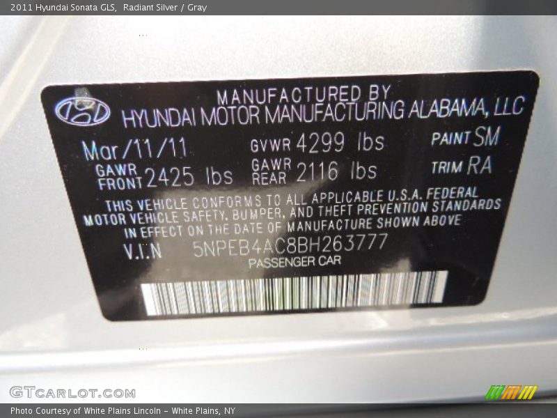 Radiant Silver / Gray 2011 Hyundai Sonata GLS