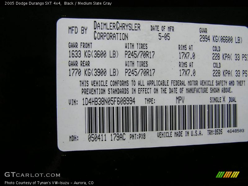 Black / Medium Slate Gray 2005 Dodge Durango SXT 4x4